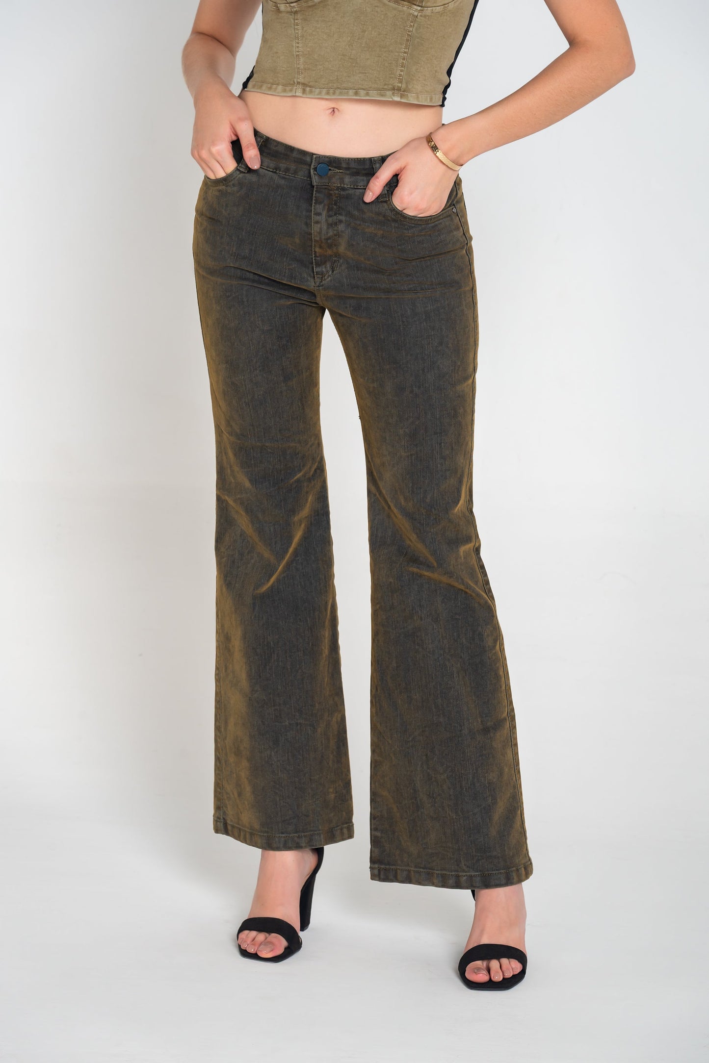 Pantalón Tiro Alto 1 Botón - Bota Palazzo  - Tela Gamuzada Denim Ref 1813